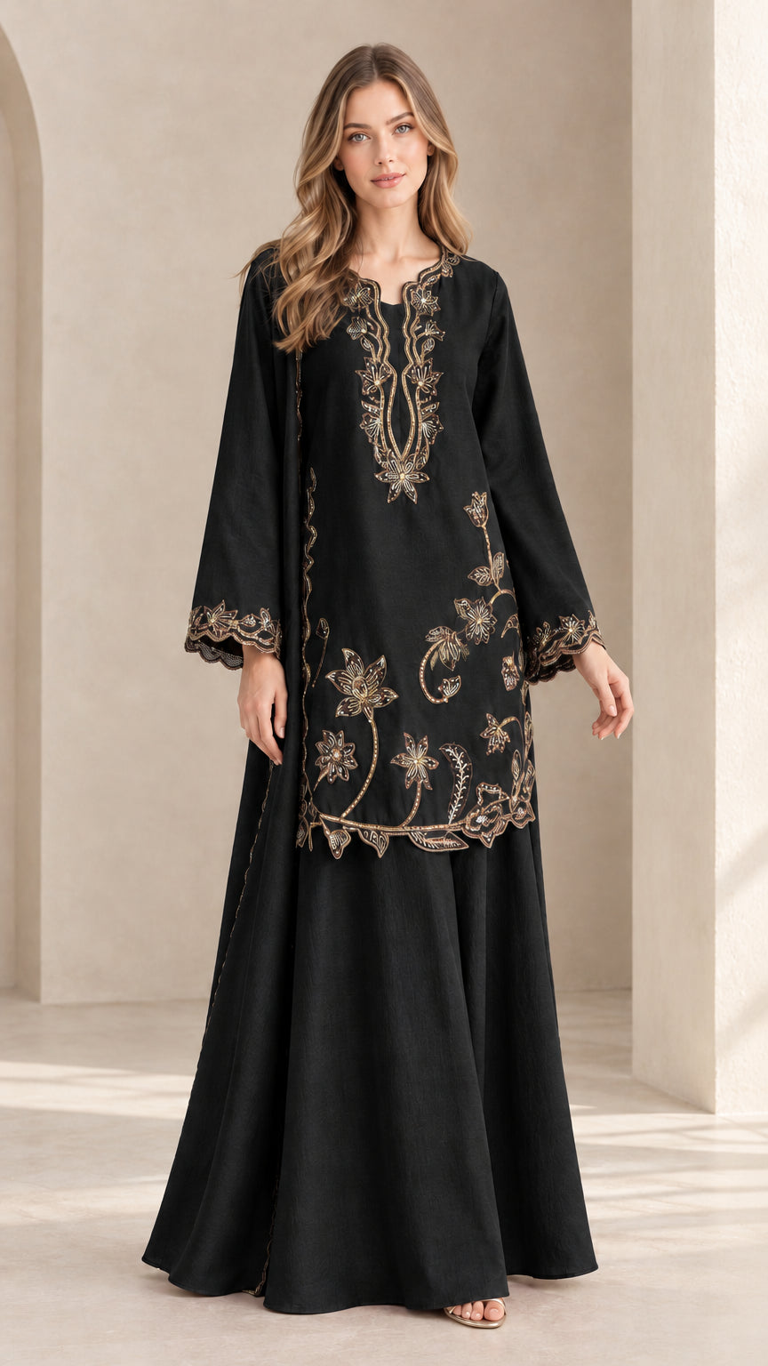 Full front view of model in black embroidered tunic and maxi skirt set