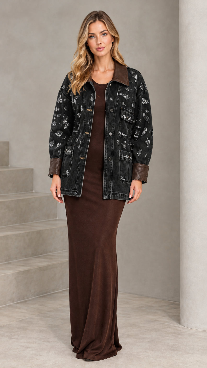 Front view of model wearing Washed Black embellished denim jacket with brown contrast trim