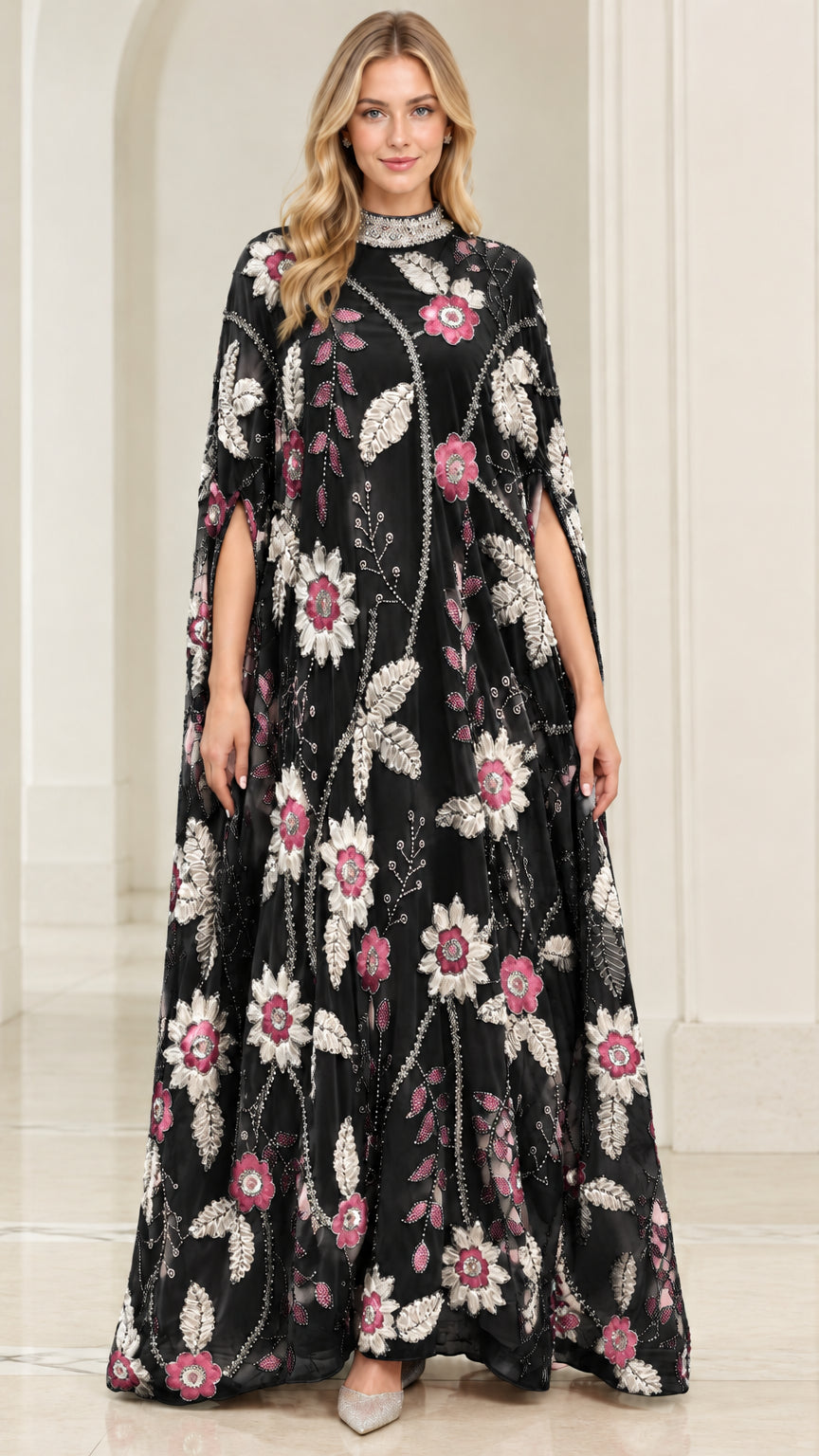 Black floral embroidered cape evening gown with beaded collar