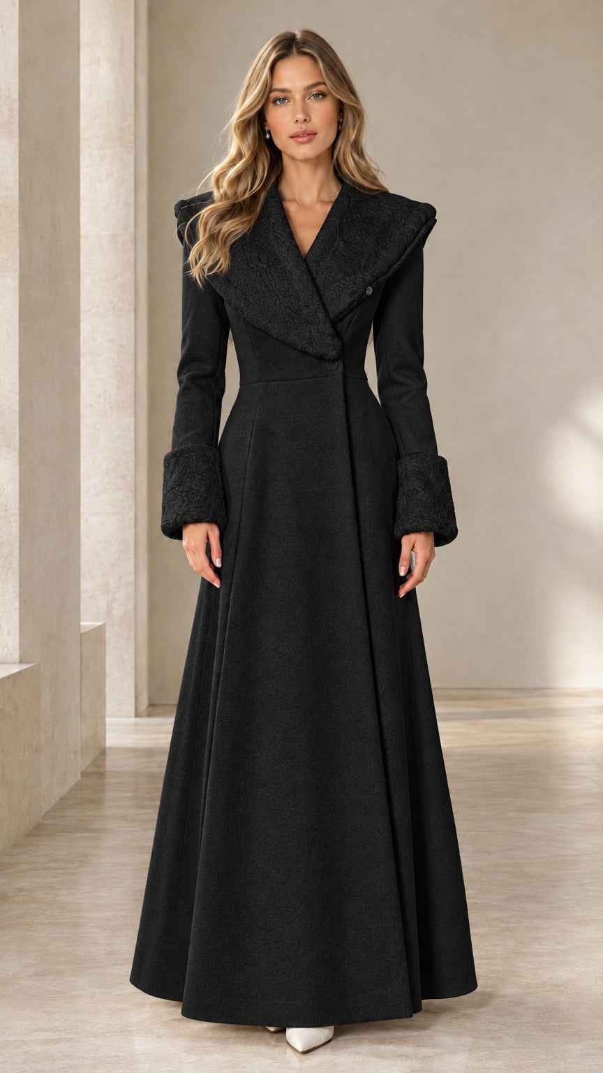 Black floor-length shawl collar winter formal coat