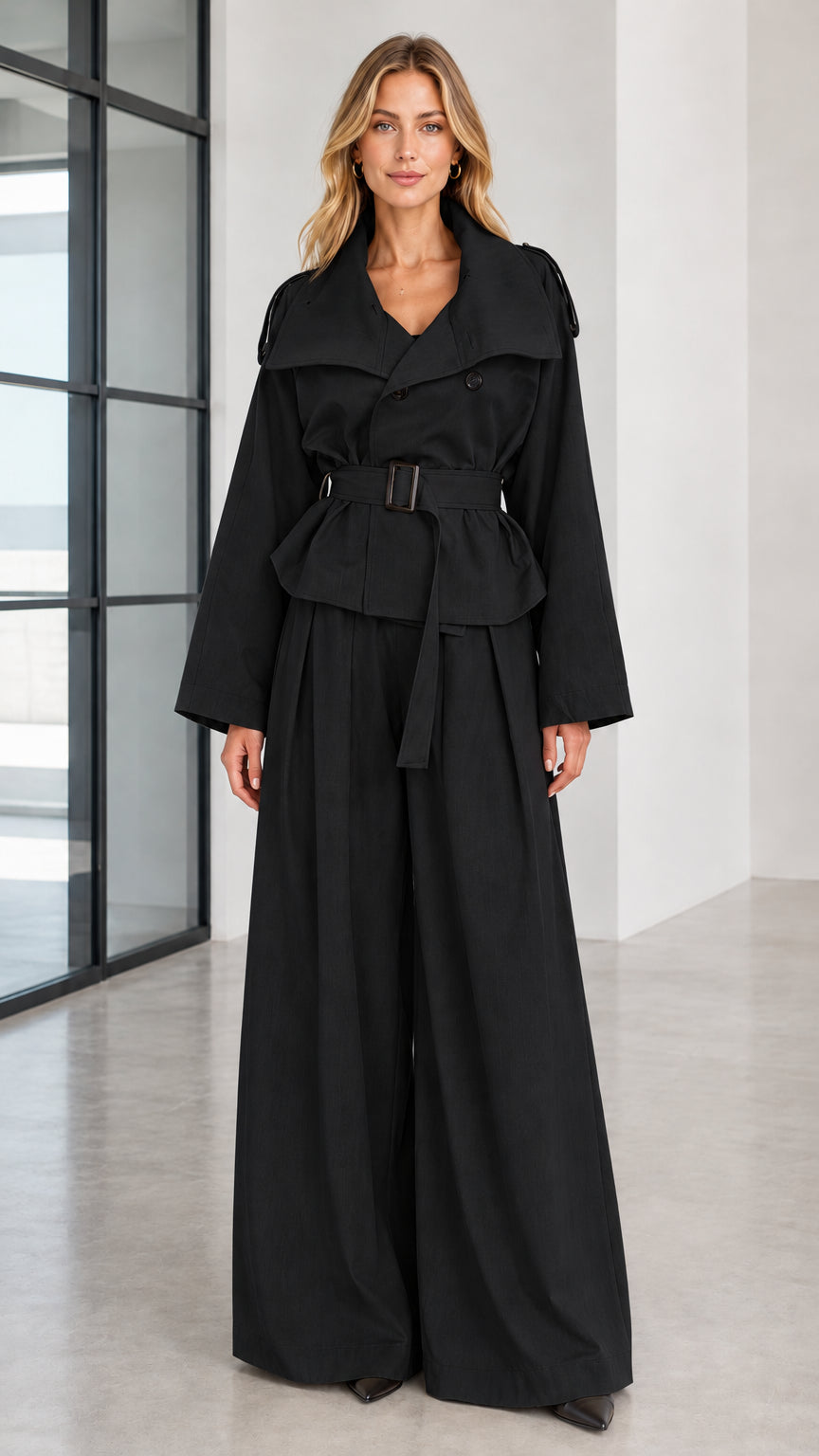 Front full view of woman wearing black belted trench jacket and wide-leg trousers set