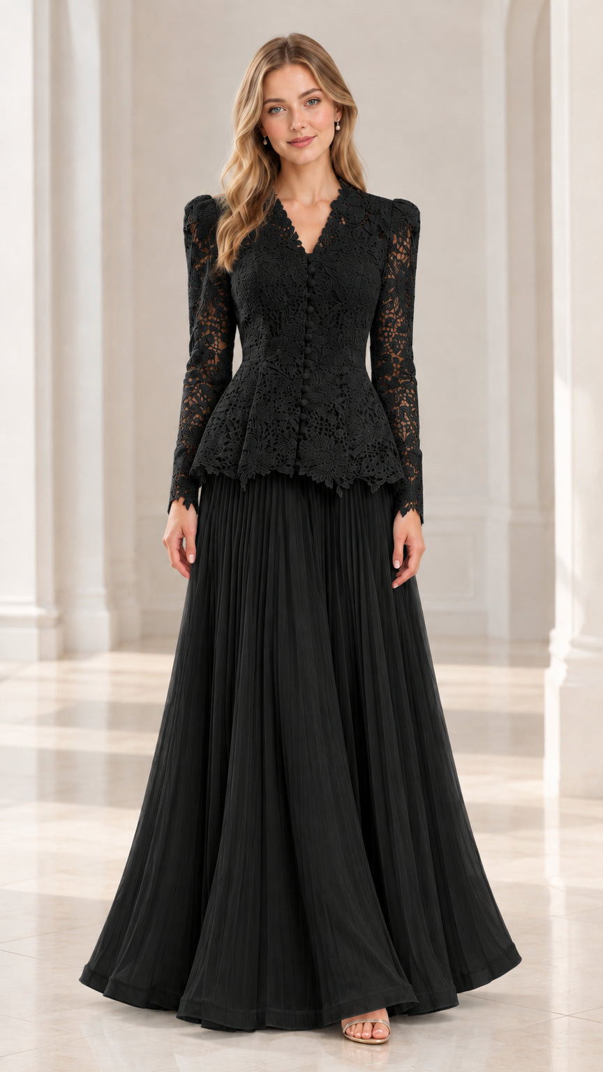 Black long sleeve lace peplum maxi evening gown