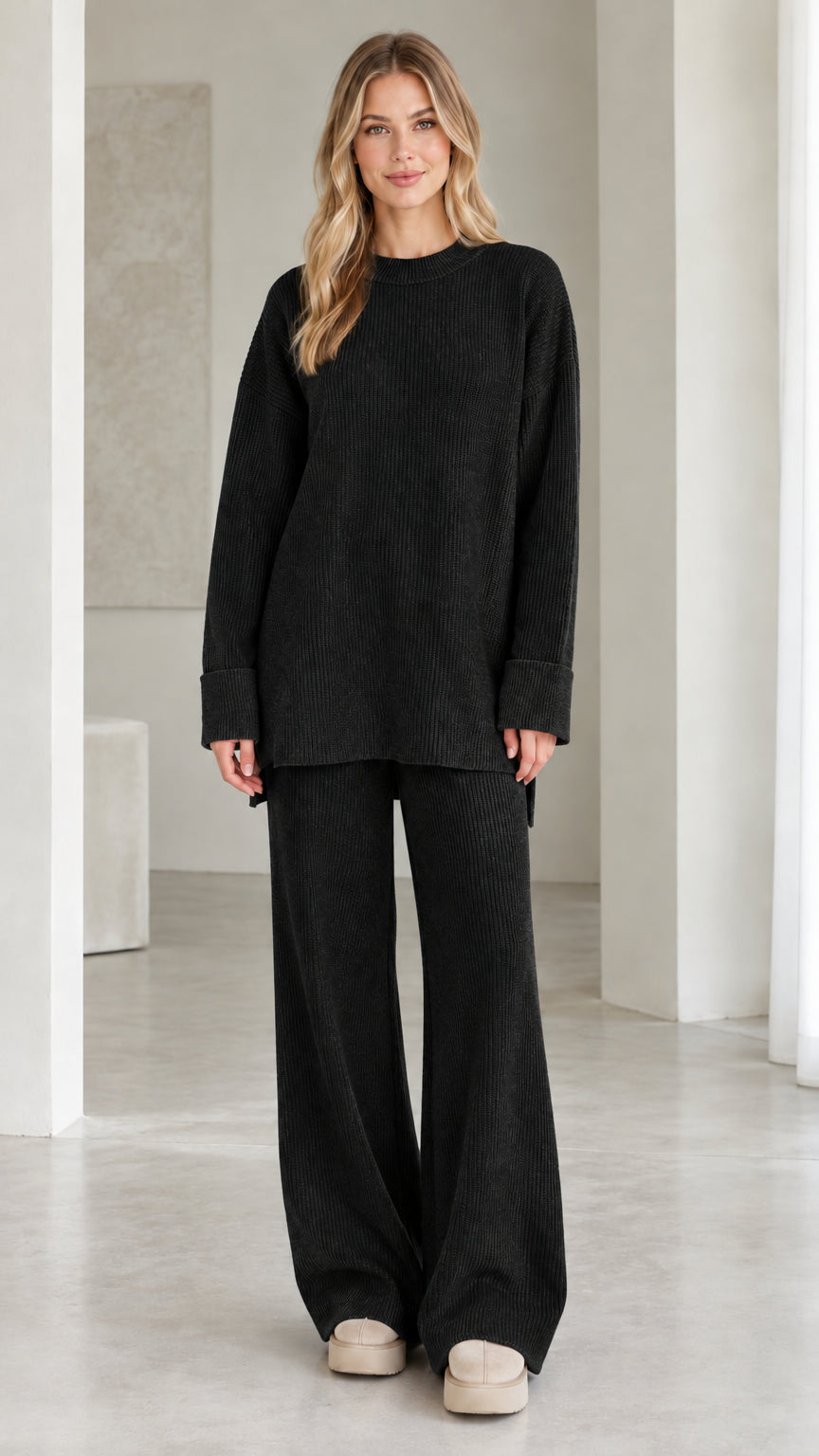 Model wearing black ribbed knit two-piece lounge set