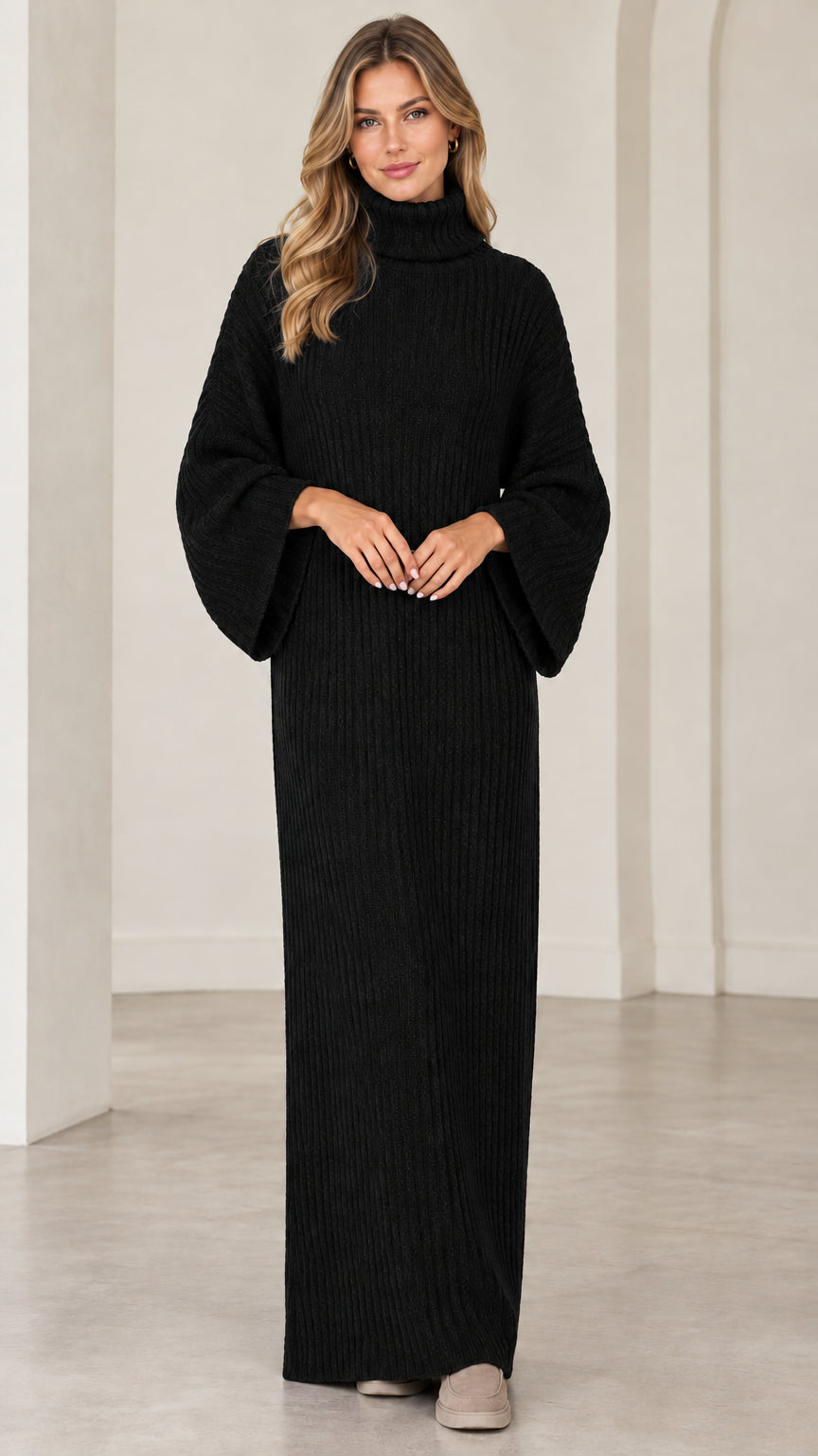 Full front view of model wearing black turtleneck ribbed maxi sweater dress