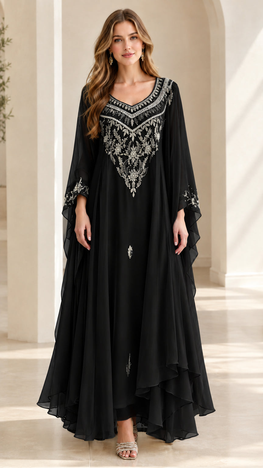 Black embroidered chiffon maxi kaftan evening dress