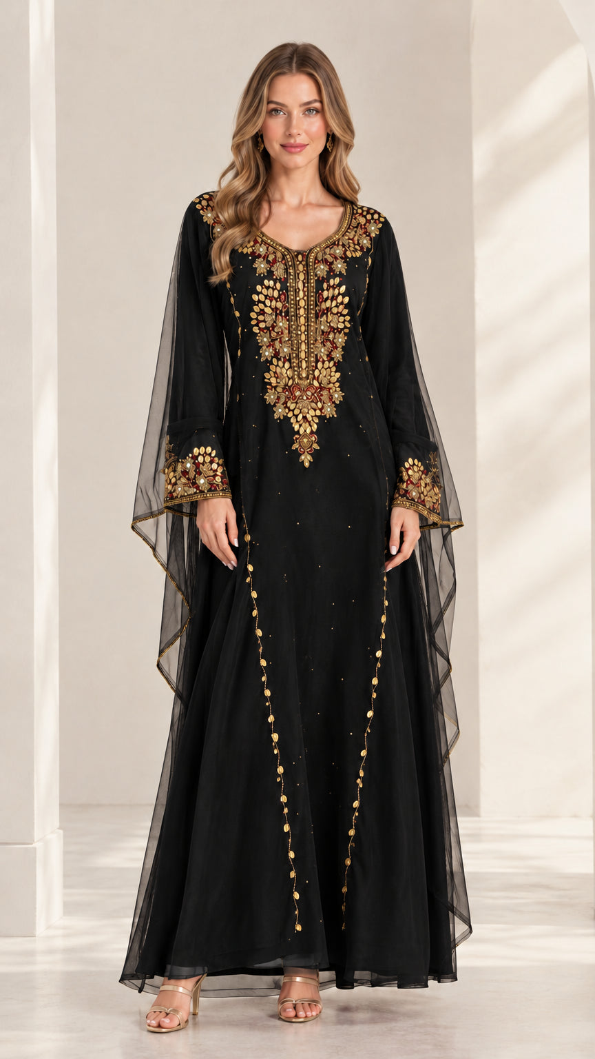 Black embroidered cape sleeve chiffon maxi kaftan dress