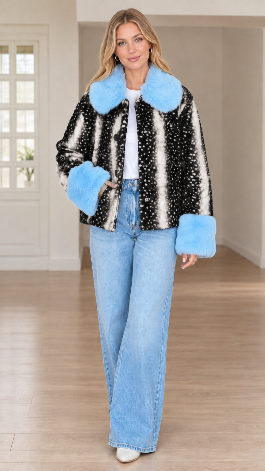 Model wearing black deer print faux fur jacket with light blue collar and cuffs