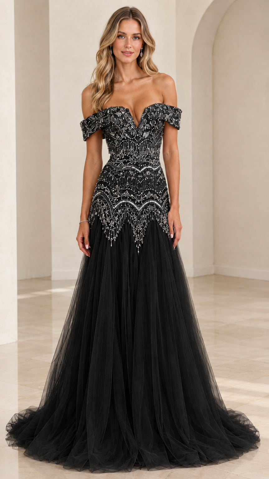 Black off-the-shoulder beaded bodice tulle formal gown