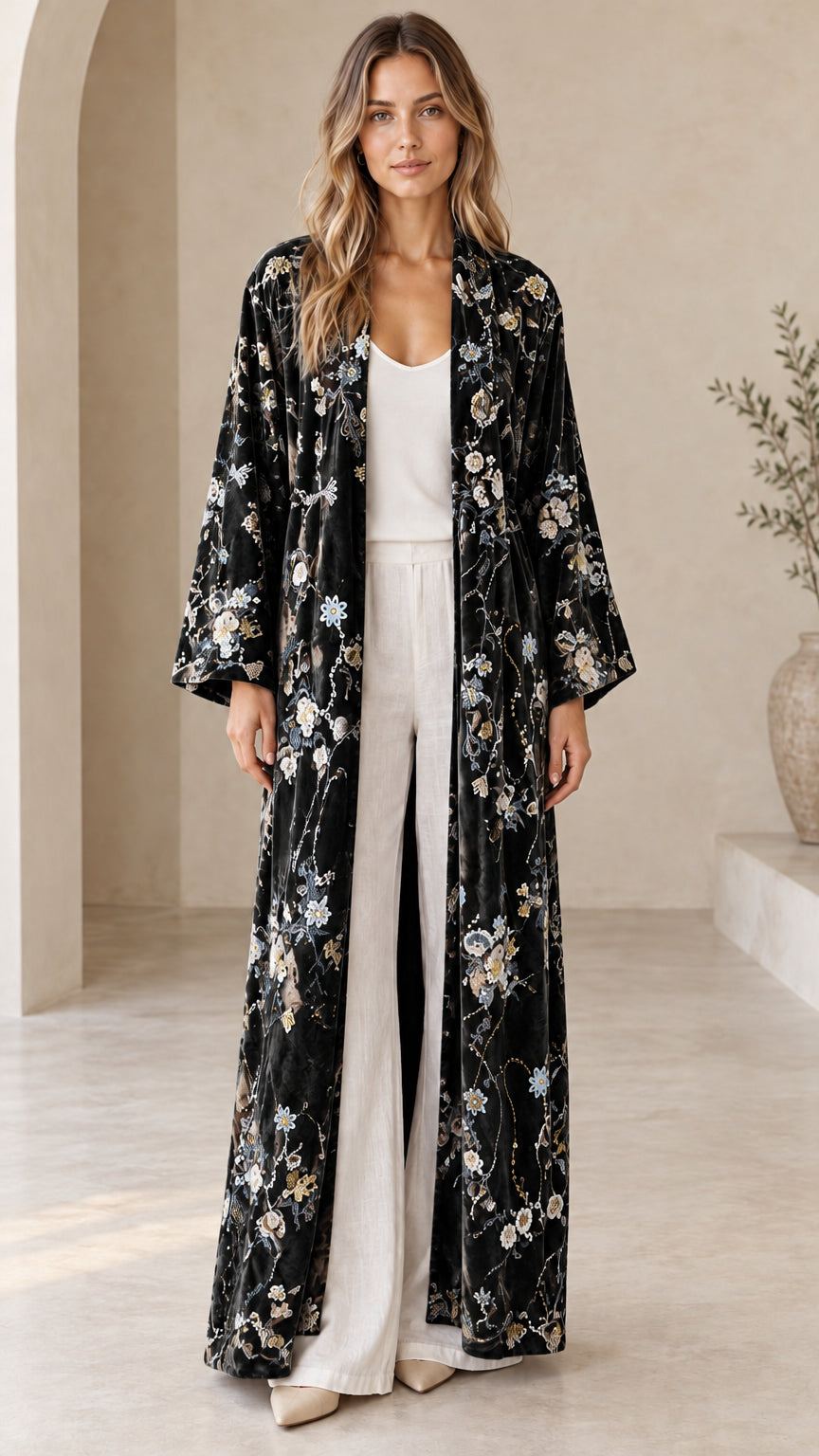 Model wearing the Classic Black floral embroidered velvet maxi duster cardigan