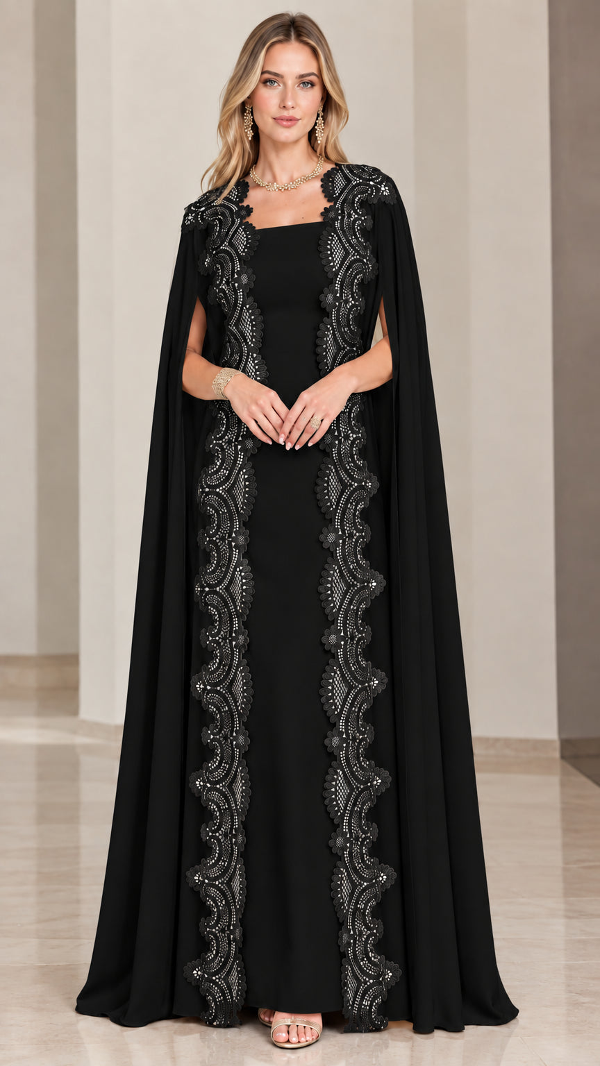 Front view of solid black cape maxi evening gown with lace detail
