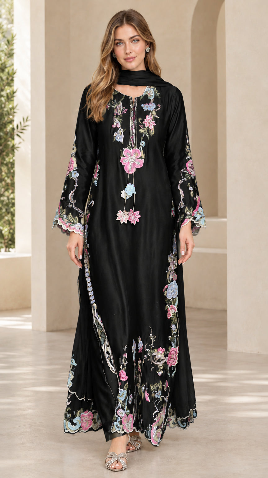Front view of black floral embroidered maxi dress with matching scarf
