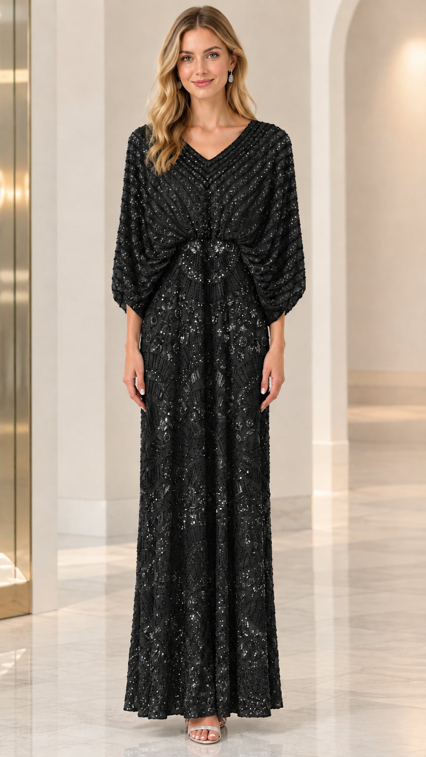 Black sequin dolman sleeve formal evening dress front view