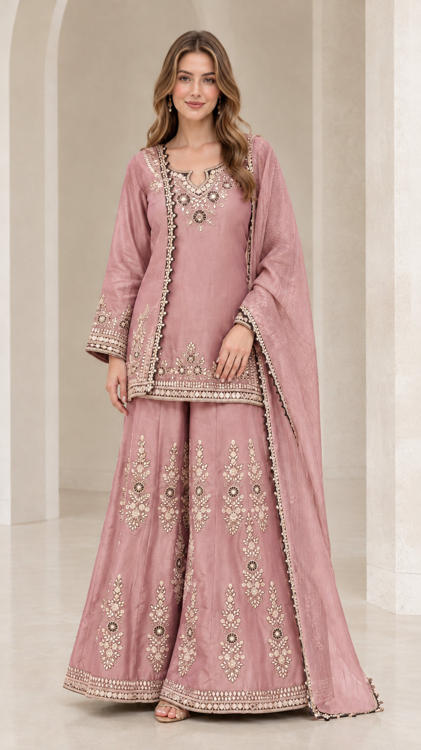 Dusty pink embroidered 3-piece festive kurti sharara suit