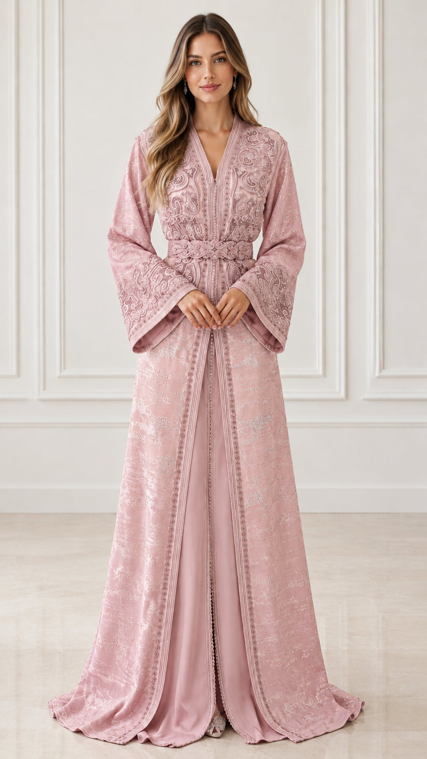Full front view of model wearing Dusty Pink embroidered kaftan evening gown