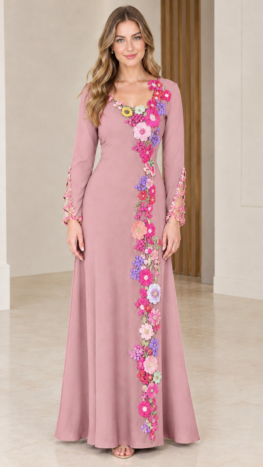 Dusty pink long sleeve maxi evening gown with floral appliqué detailing