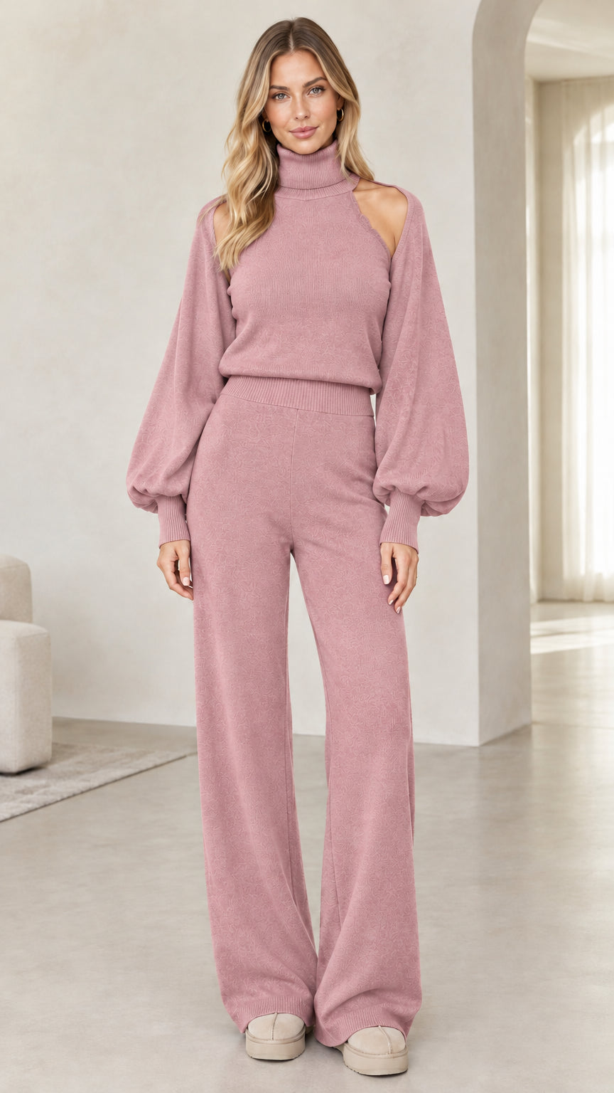 Dusty pink turtleneck cutout sweater and high-waisted wide-leg knit pant set