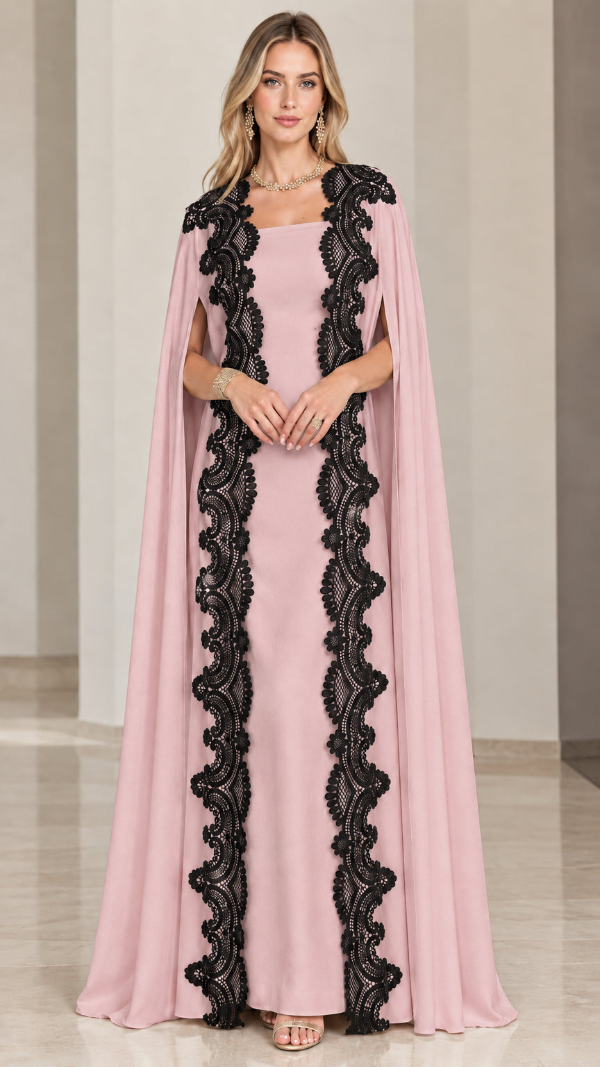 Front view of dusty pink cape maxi gown with black lace embellishments