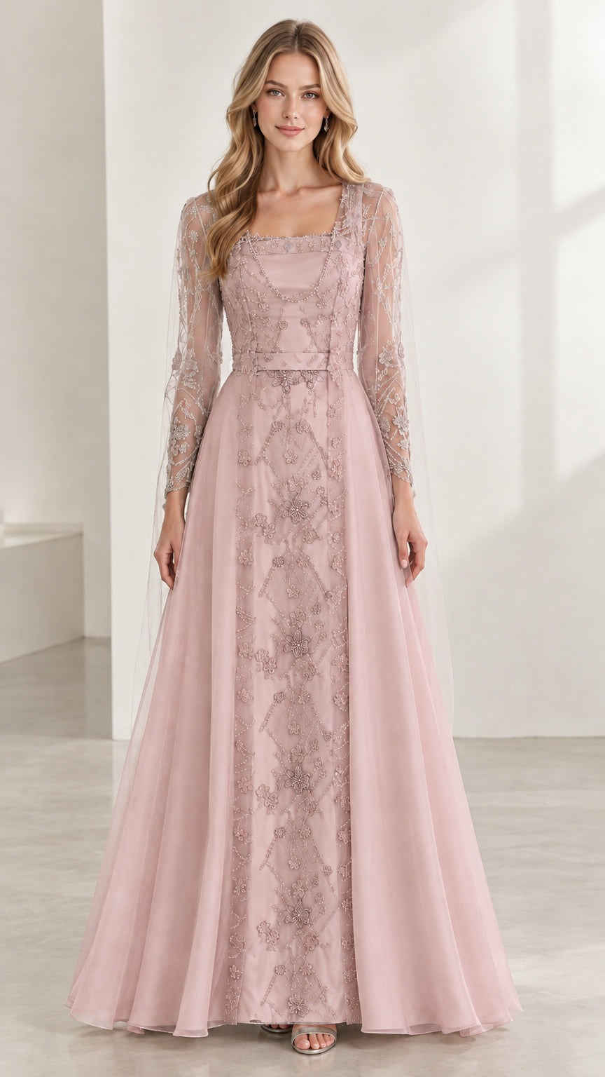 Dusty Pink long sleeve embroidered evening gown