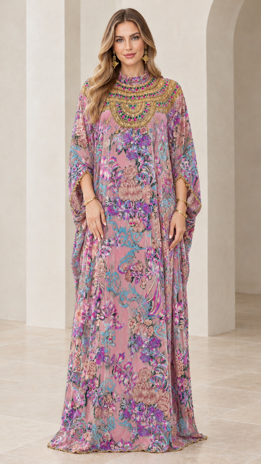 Front view of dusty pink floral velvet kaftan maxi dress with embellished collar