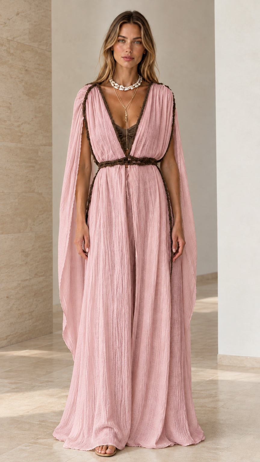 Dusty pink draped cape sleeve maxi dress with braided rope trim