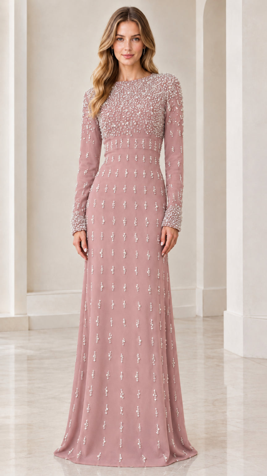 Front view of woman wearing Dusty Rose embellished long-sleeve maxi gown
