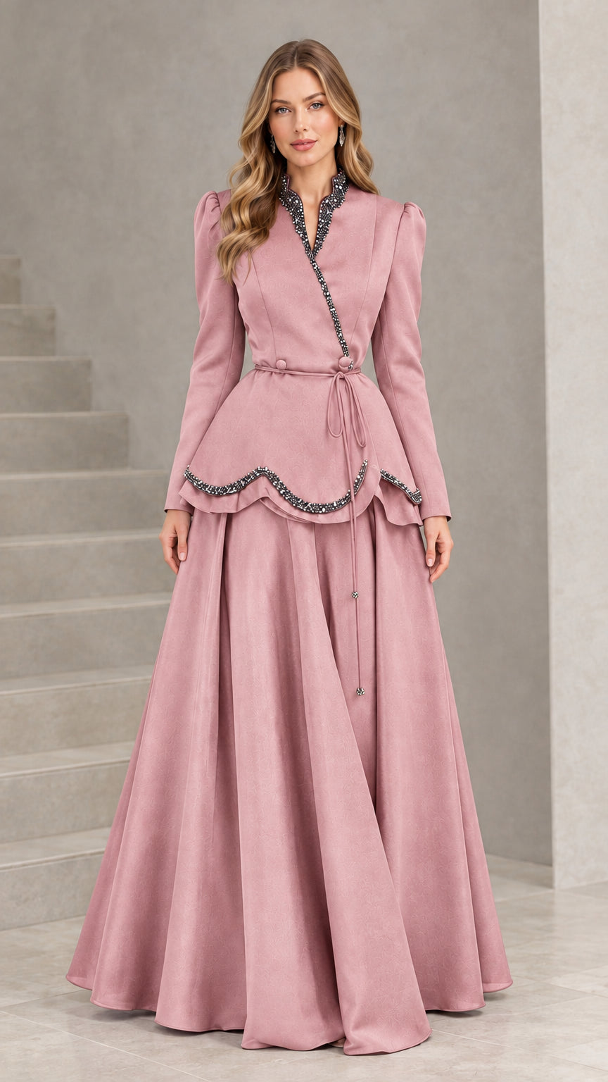 Front view of model in Dusty Pink beaded peplum formal maxi dress