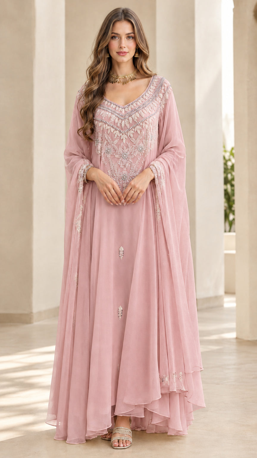 Front full view of dusty pink embroidered cape sleeve maxi dress