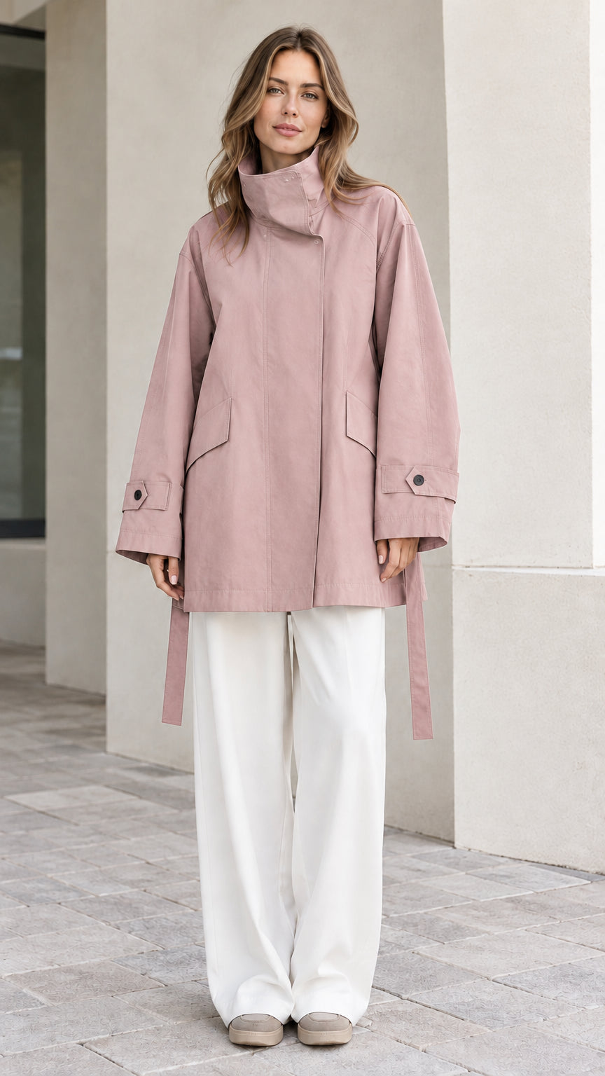 Front view of model wearing Dusty Pink high-neck relaxed belted trench jacket