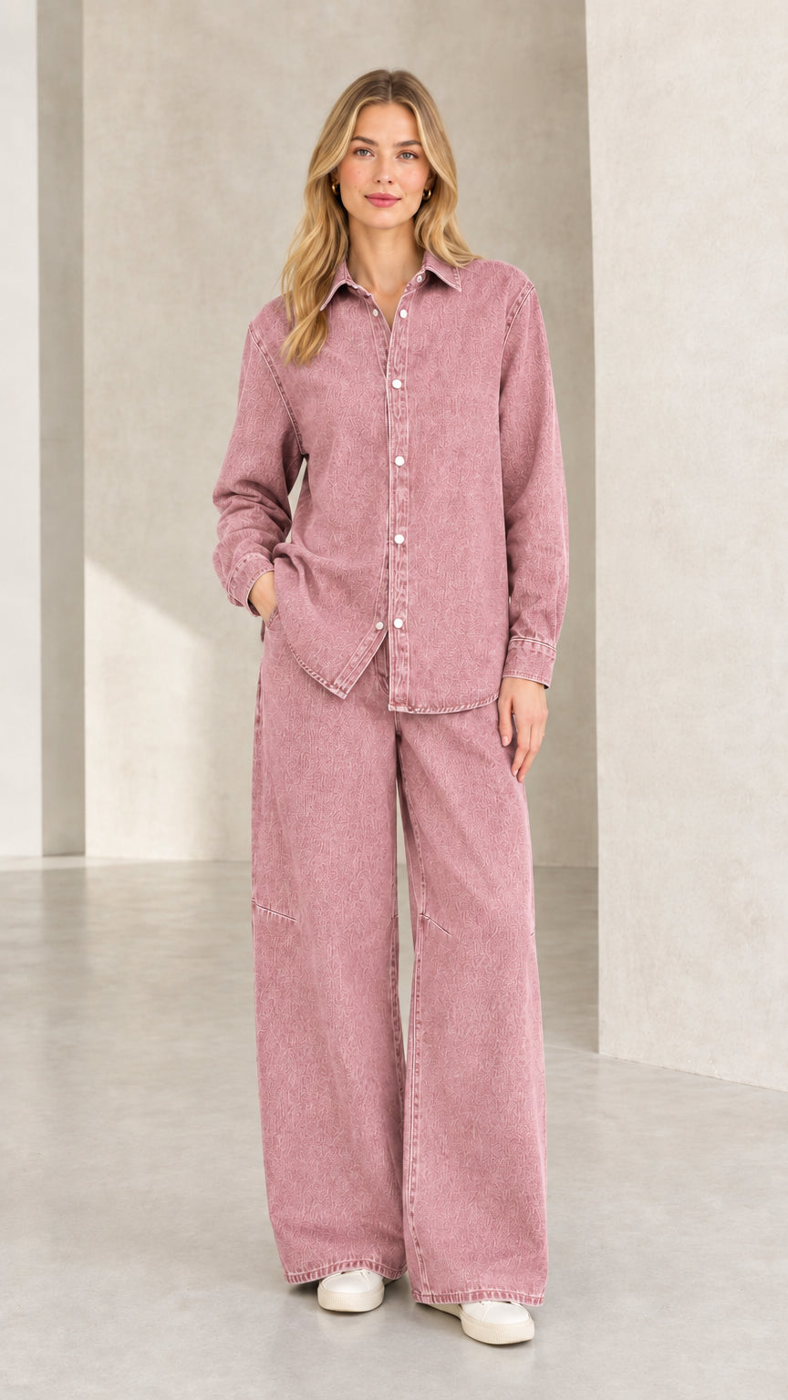 Full front view of dusty pink denim button-down and wide-leg pant set