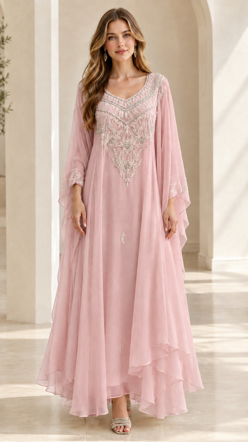 Dusty pink floor-length embroidered chiffon kaftan dress