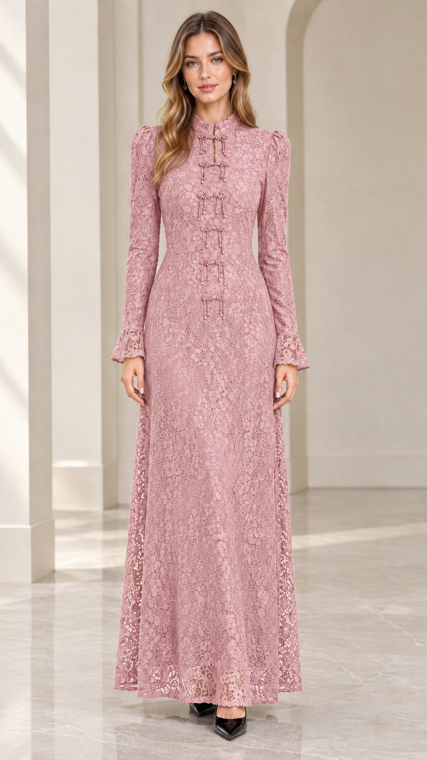 Full-length front view of Dusty Pink long-sleeve lace evening gown