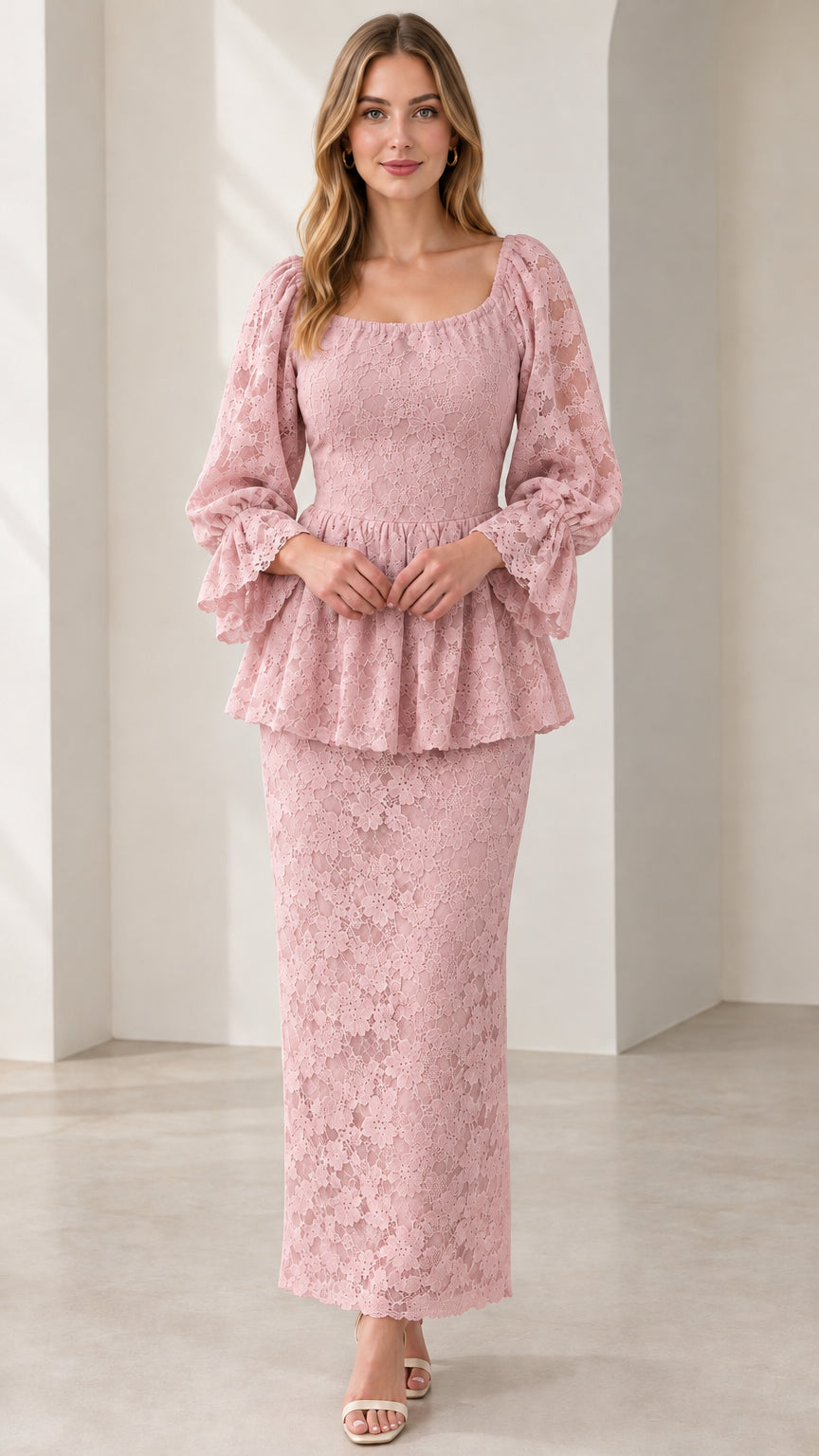 Dusty Pink Floral Lace Peplum Maxi Dress full-length front view
