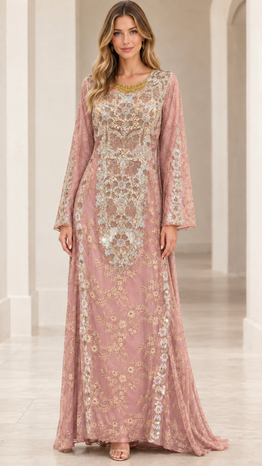 Front view of Dusty Pink embellished floral lace long sleeve formal gown