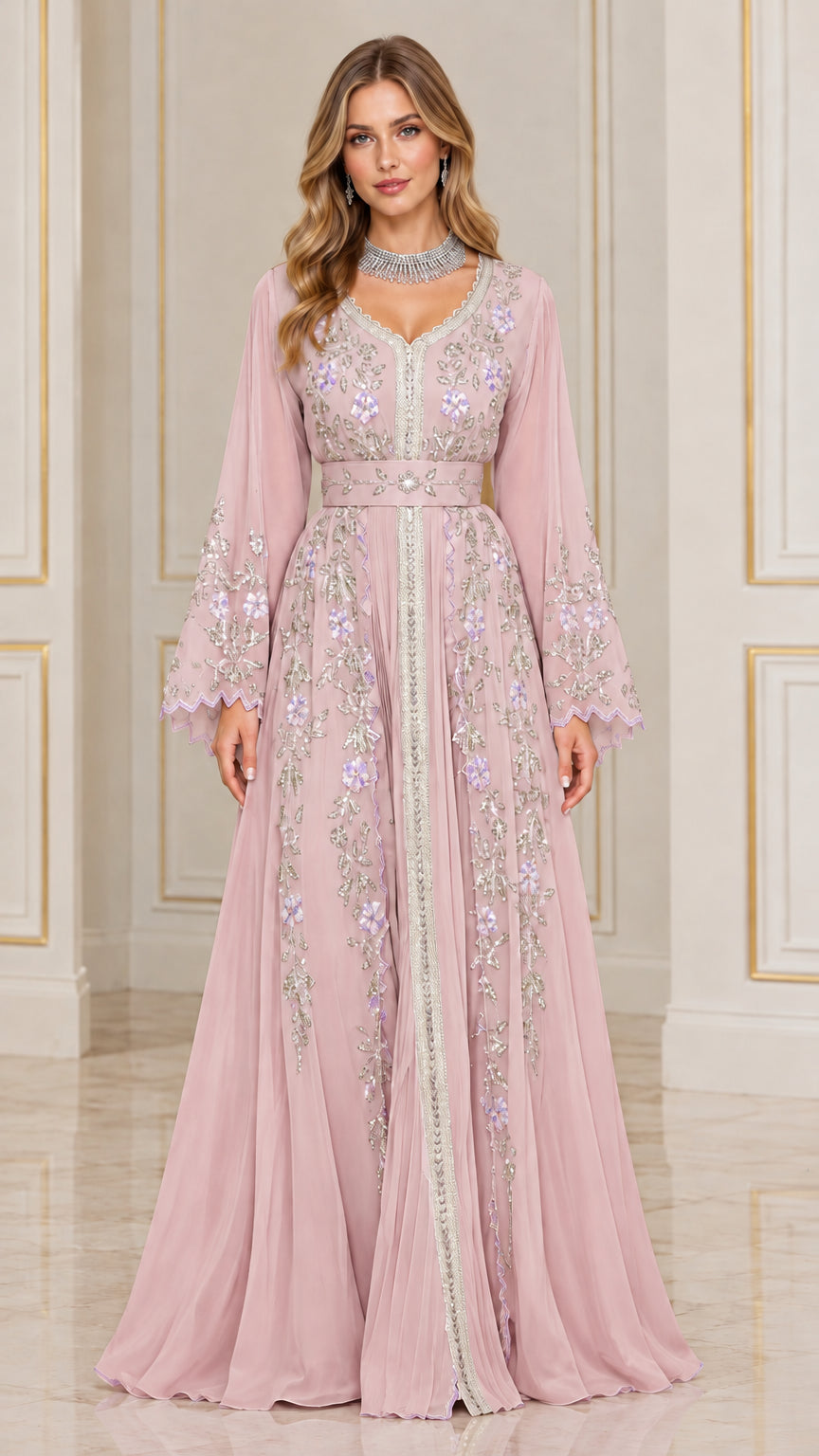 Model wearing dusty pink embroidered chiffon floor-length kaftan gown