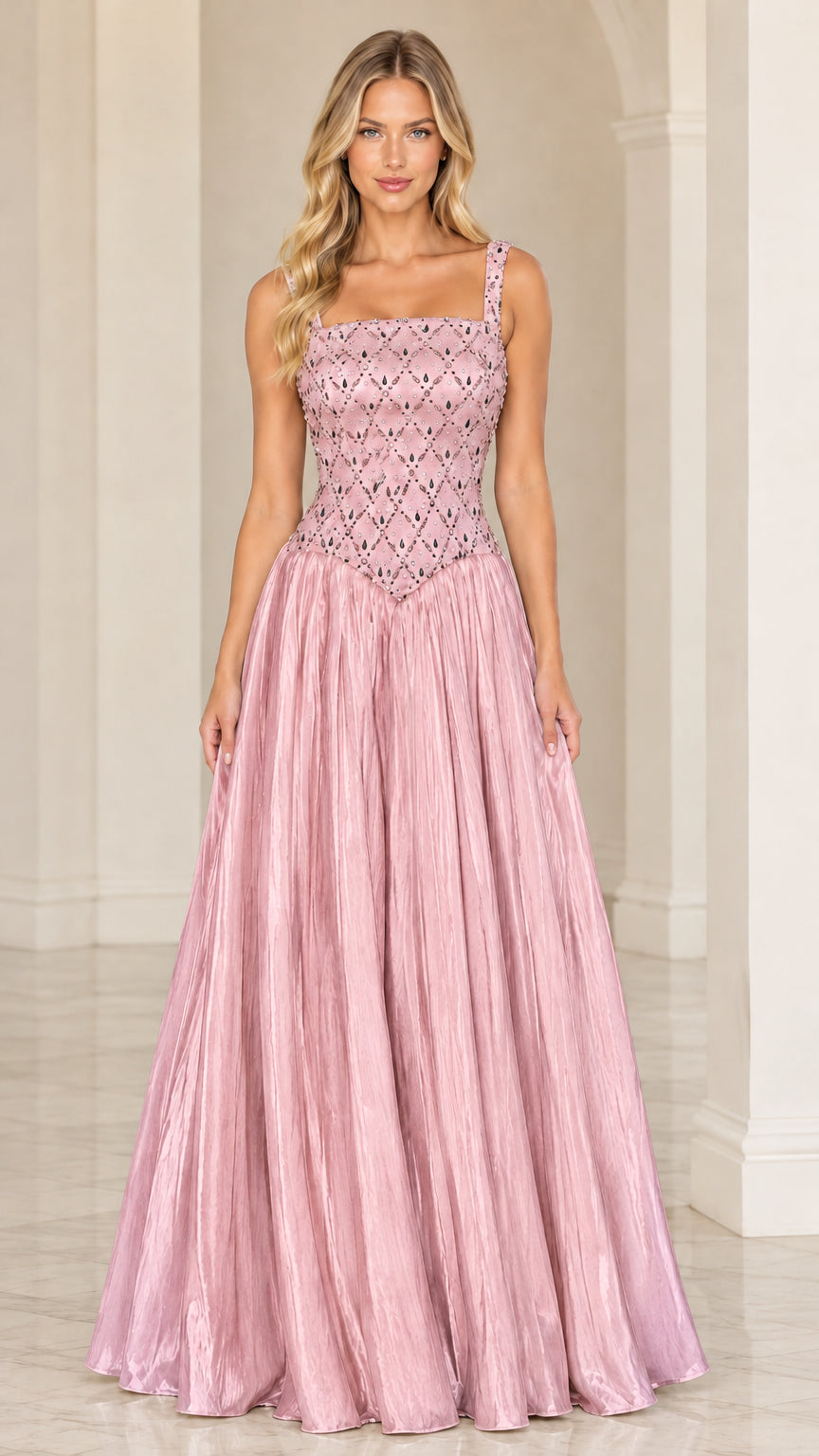 Dusty Pink formal pleated maxi gown with beaded bodice