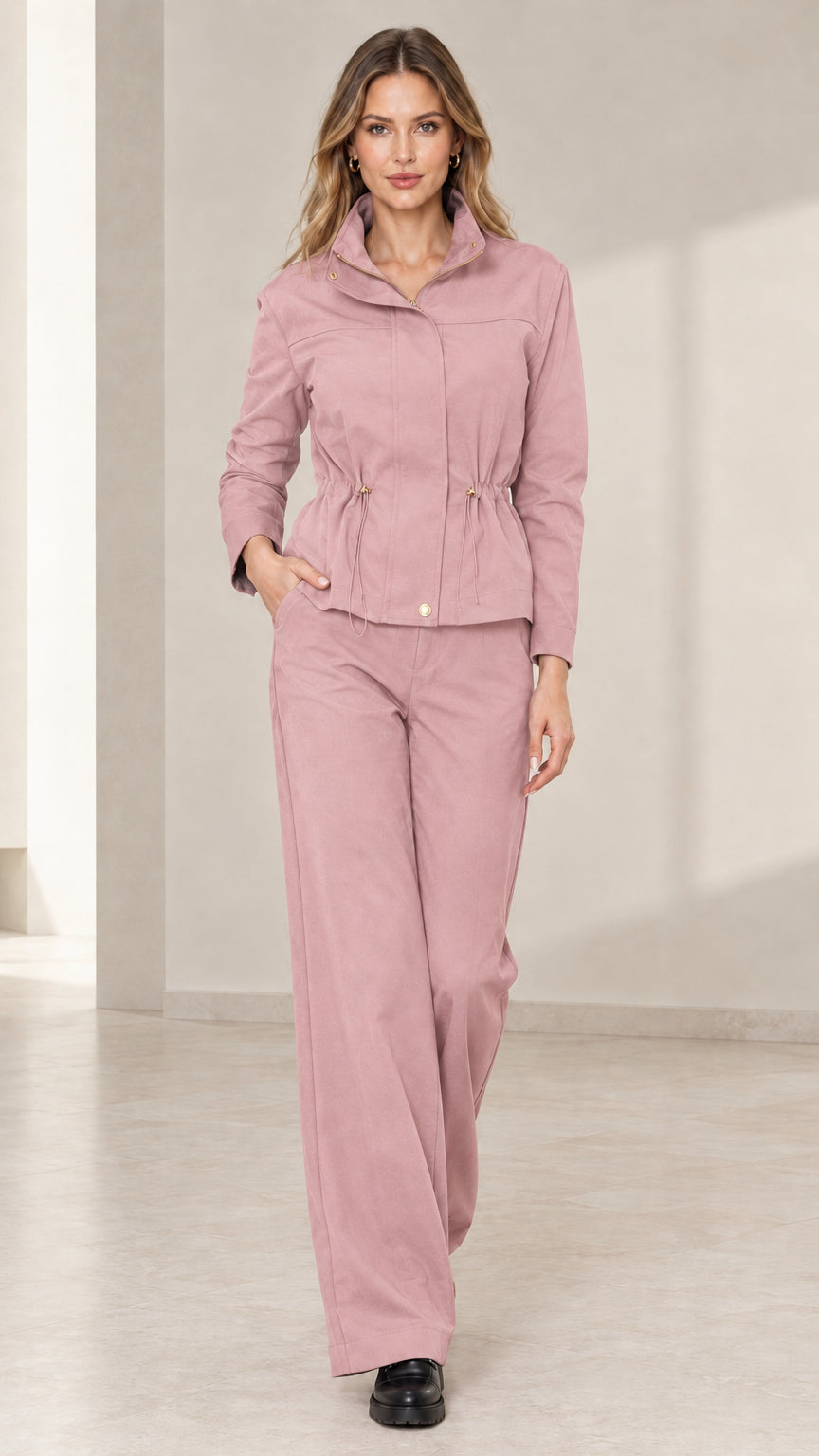 Model wearing Dusty Pink utility jacket and matching wide-leg pants set