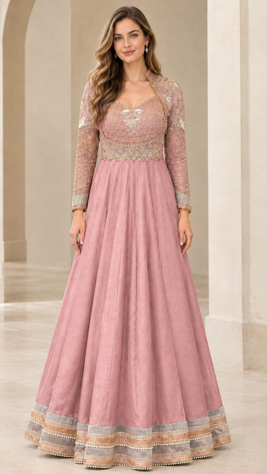 Full-length front view of Dusty Pink embroidered long sleeve evening gown