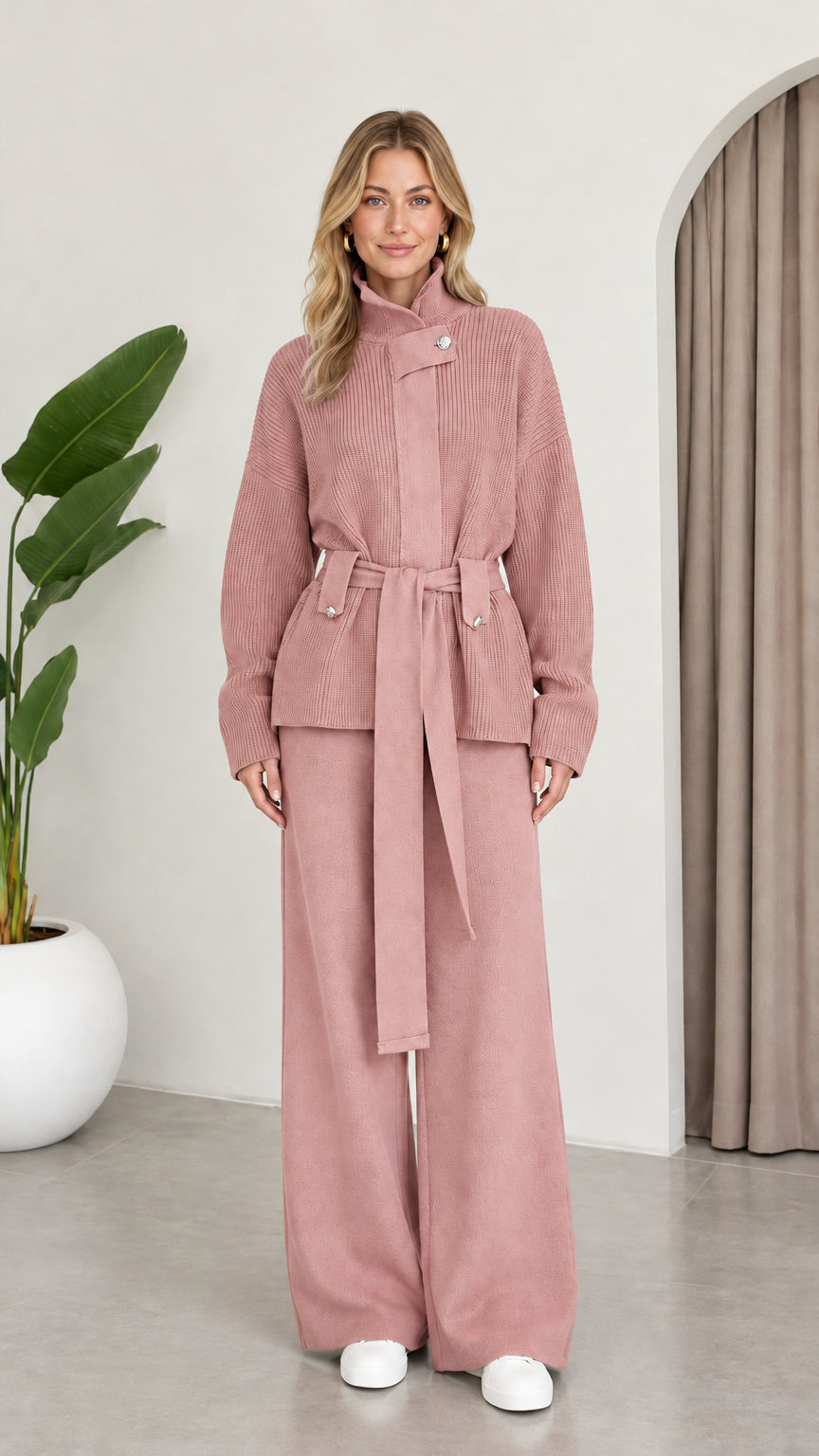 Full front view of model wearing the Dusty Pink ribbed knit belted two-piece set