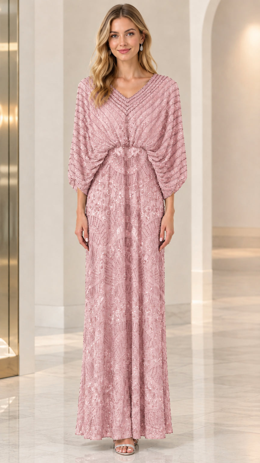 Dusty Pink embellished evening gown with dolman sleeves front view