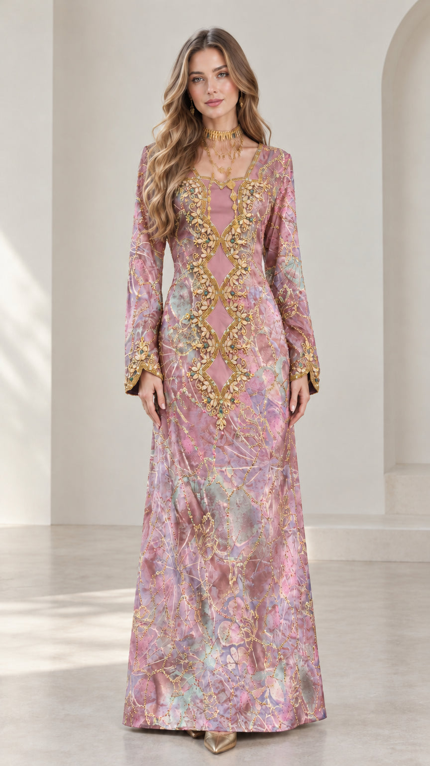 Front full-length view of dusty pink embroidered kaftan gown