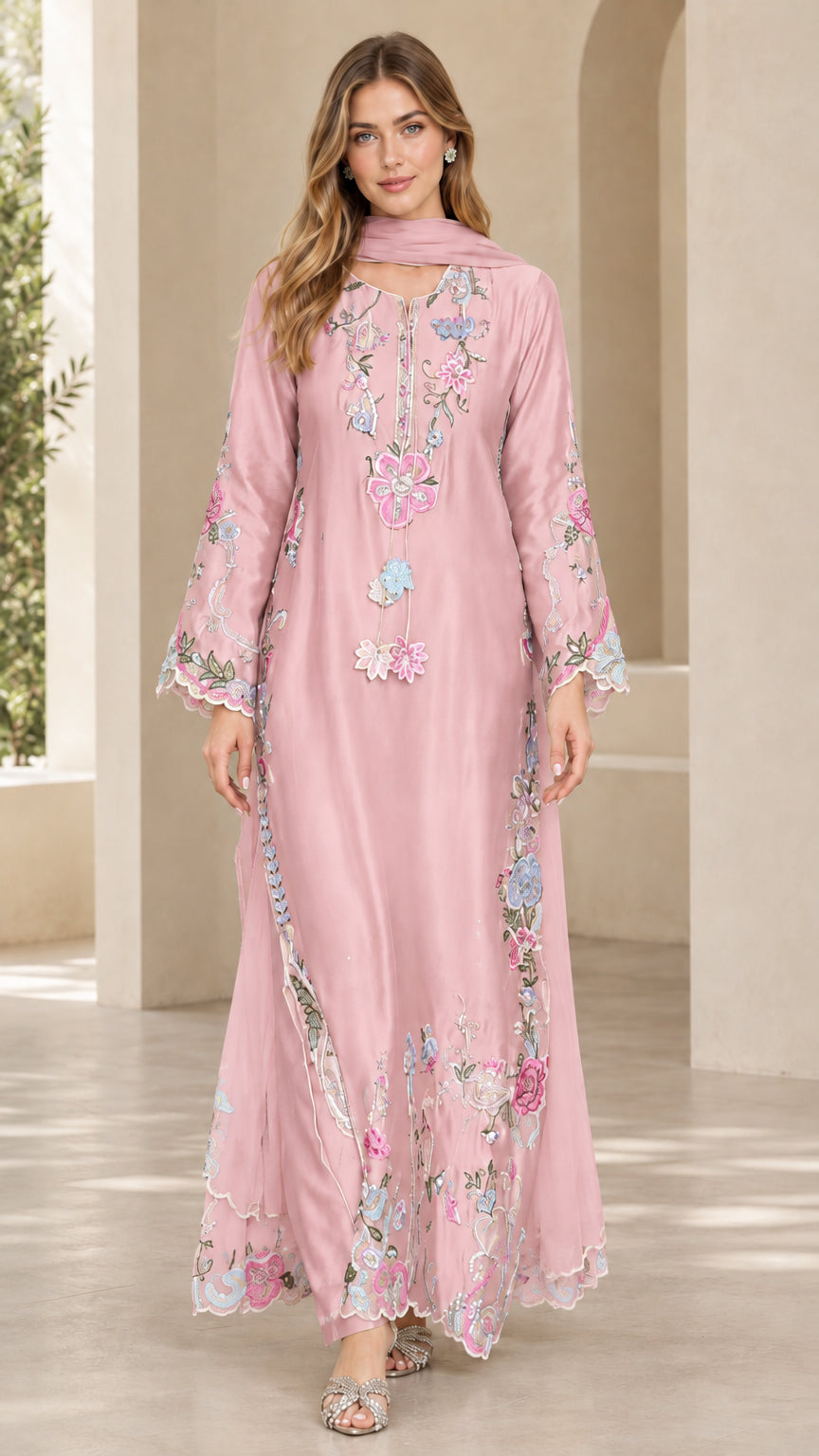 Front view of blush pink floral embroidered maxi dress with matching scarf