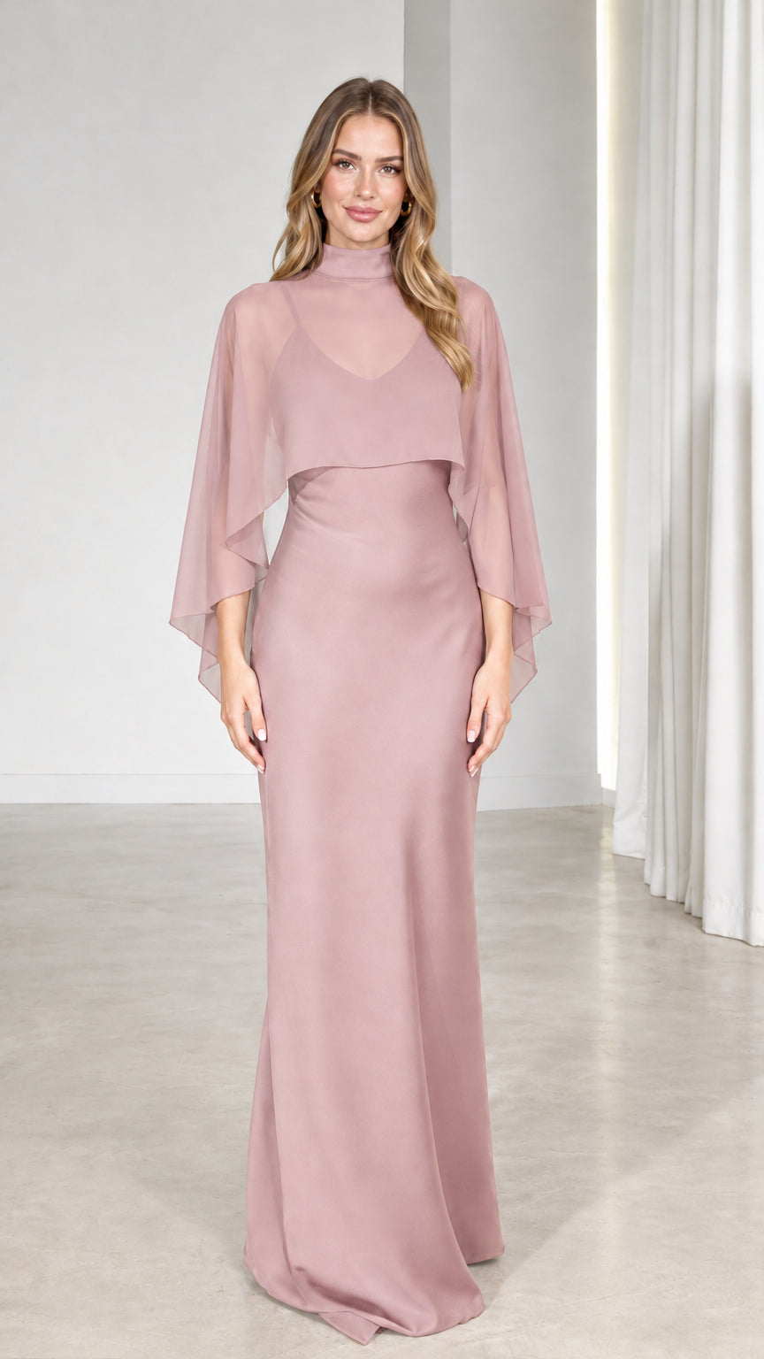 Front view of model wearing Dusty Rose sheer capelet overlay maxi evening dress
