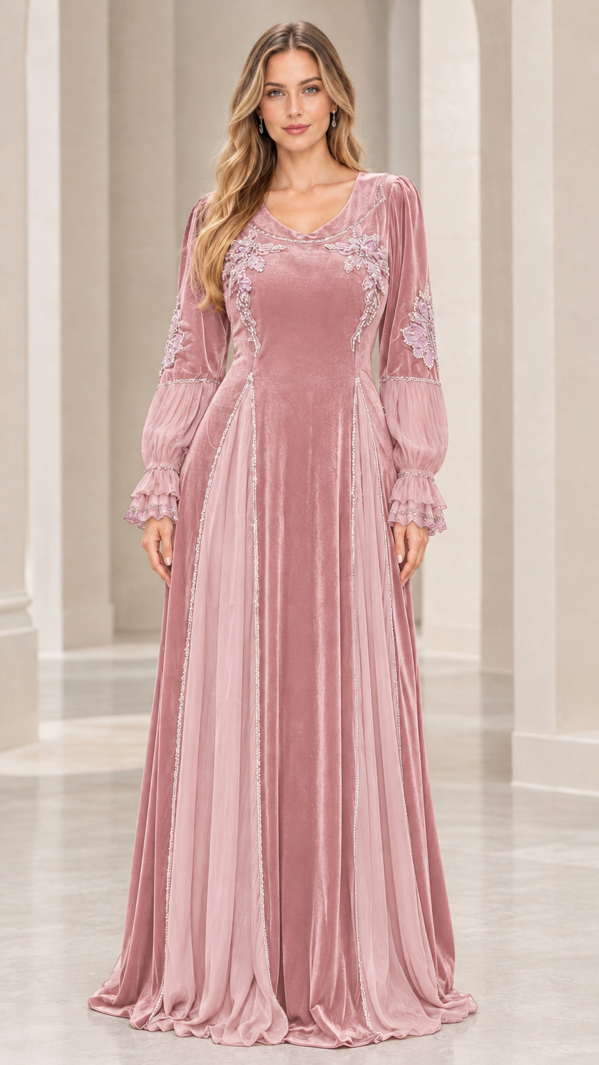 Model wearing Dusty Pink embroidered velvet evening gown
