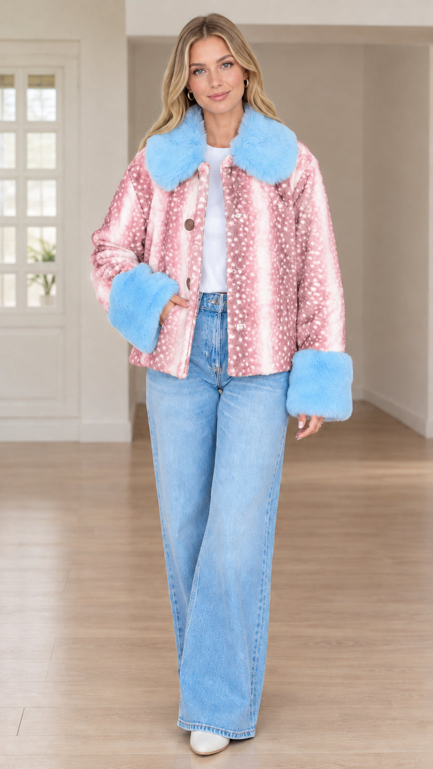 Model wearing dusty pink deer print faux fur jacket with light blue collar and cuffs