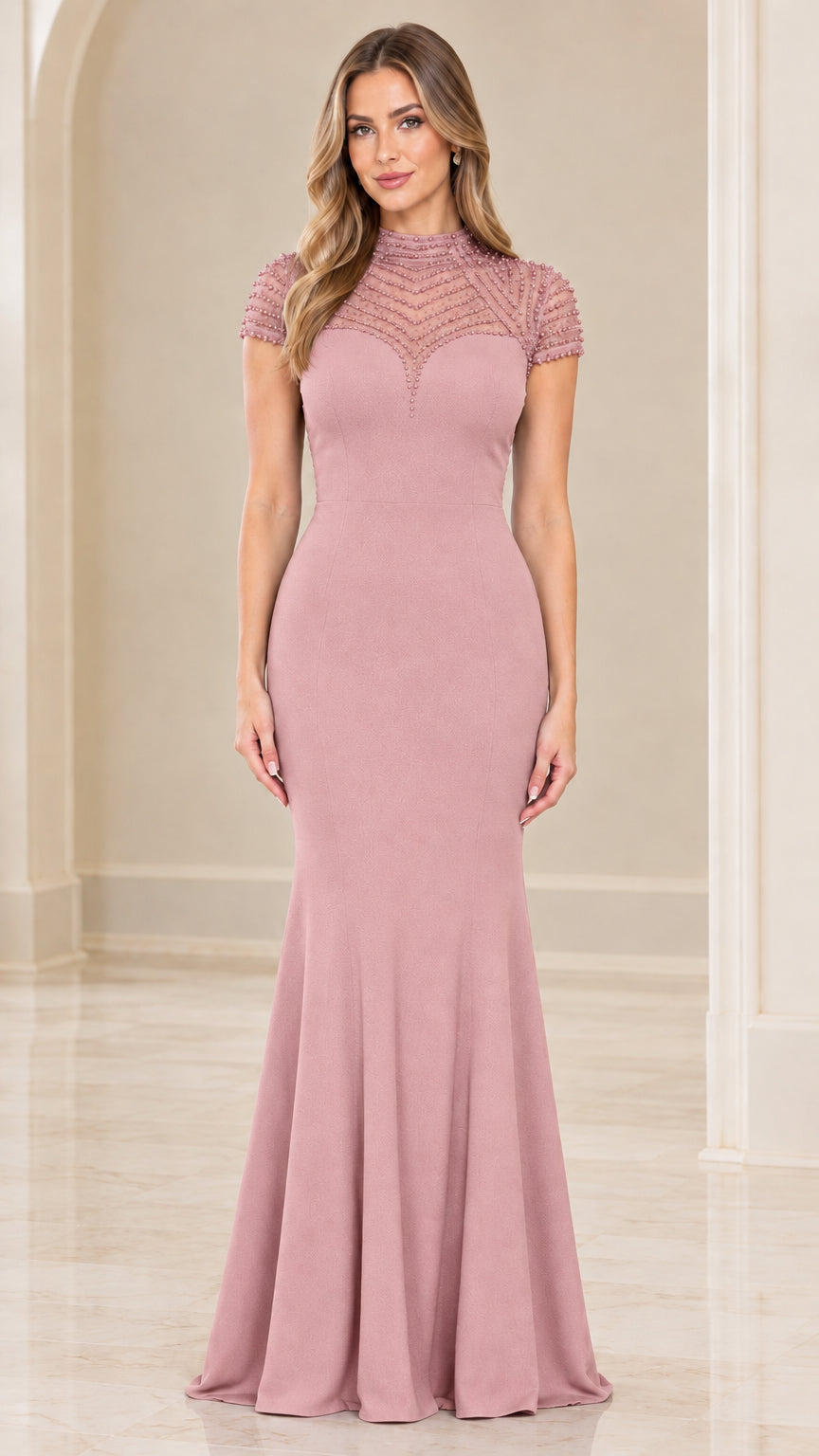 Dusty Rose high-neck beaded illusion mermaid formal gown front view
