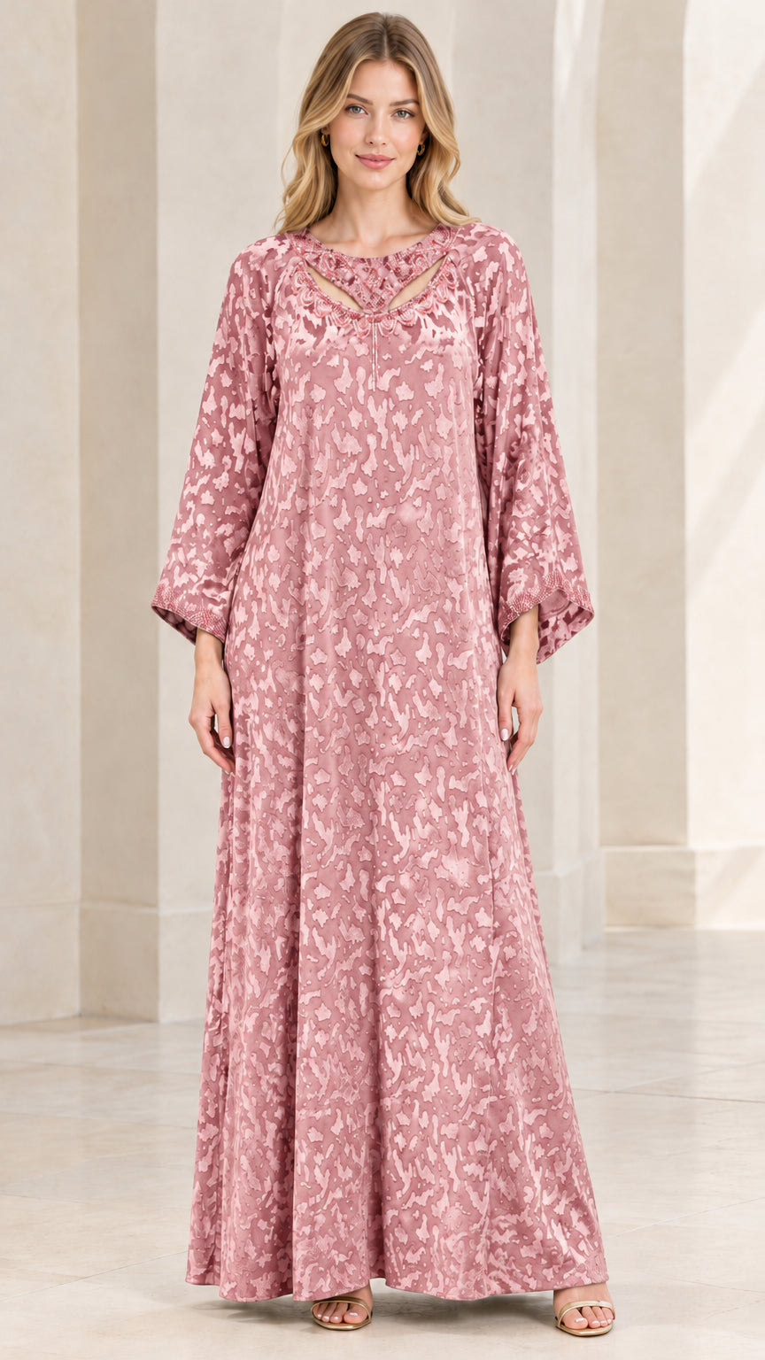 Full front view of Dusty Pink textured kaftan maxi dress with beaded neckline