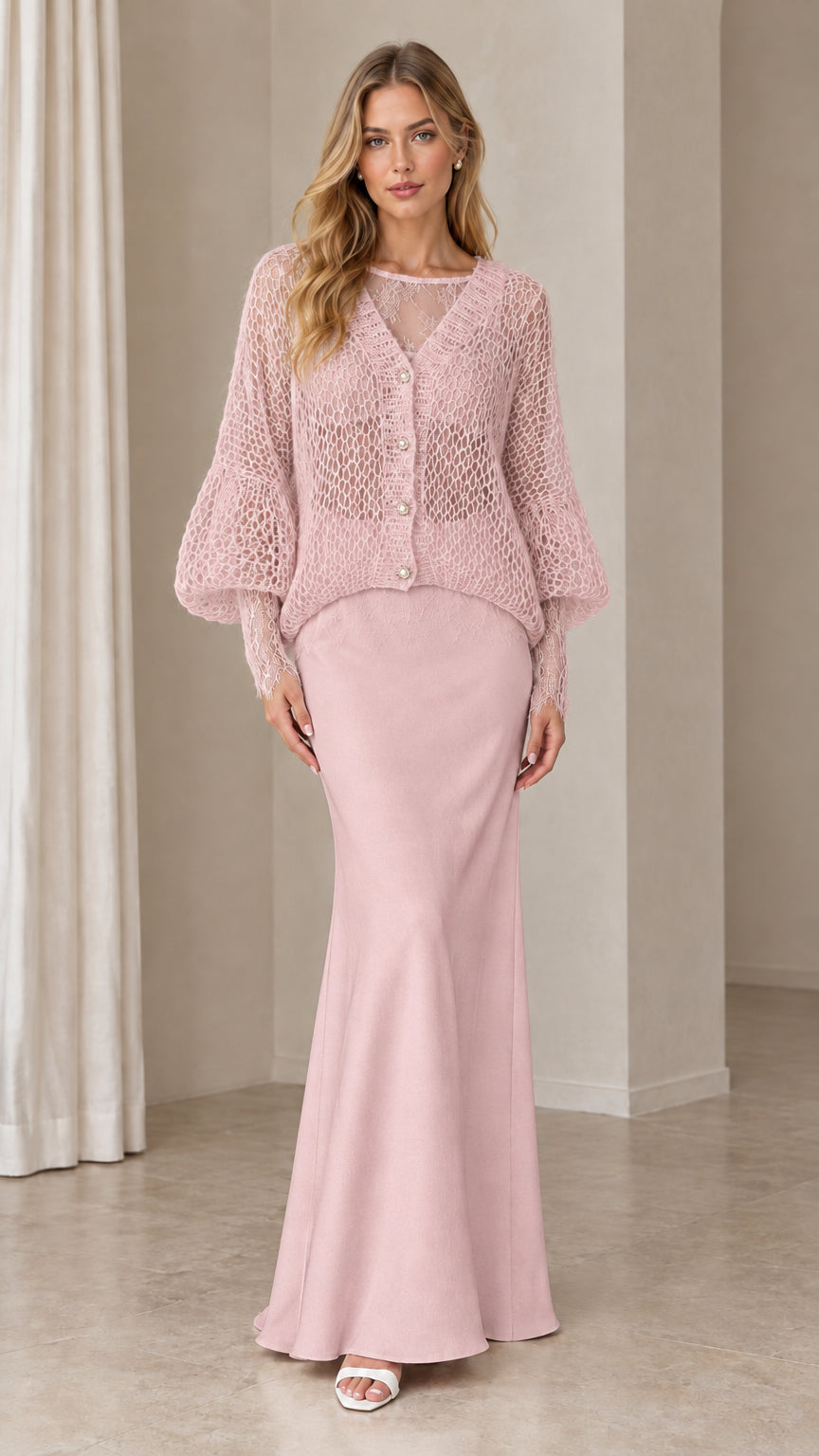 Dusty Pink lace inset open-knit cardigan and matching pink maxi skirt set