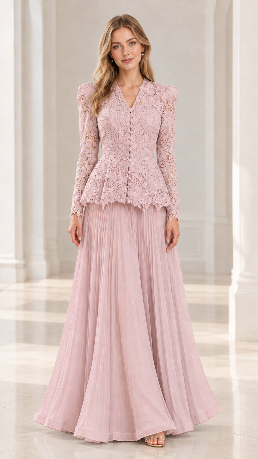 Dusty Pink lace peplum long sleeve formal dress