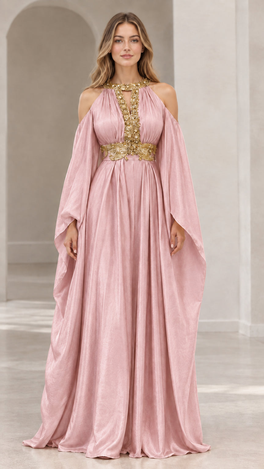 Blush pink cold-shoulder cape maxi gown with gold embroidered waistband