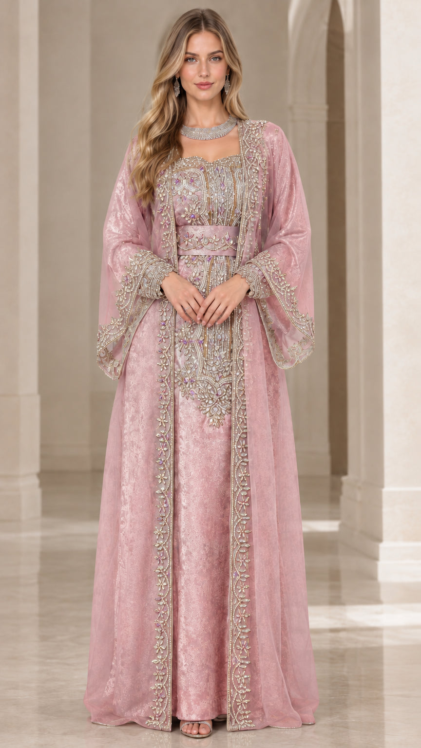 Full front view of blush pink embroidered kaftan evening dress
